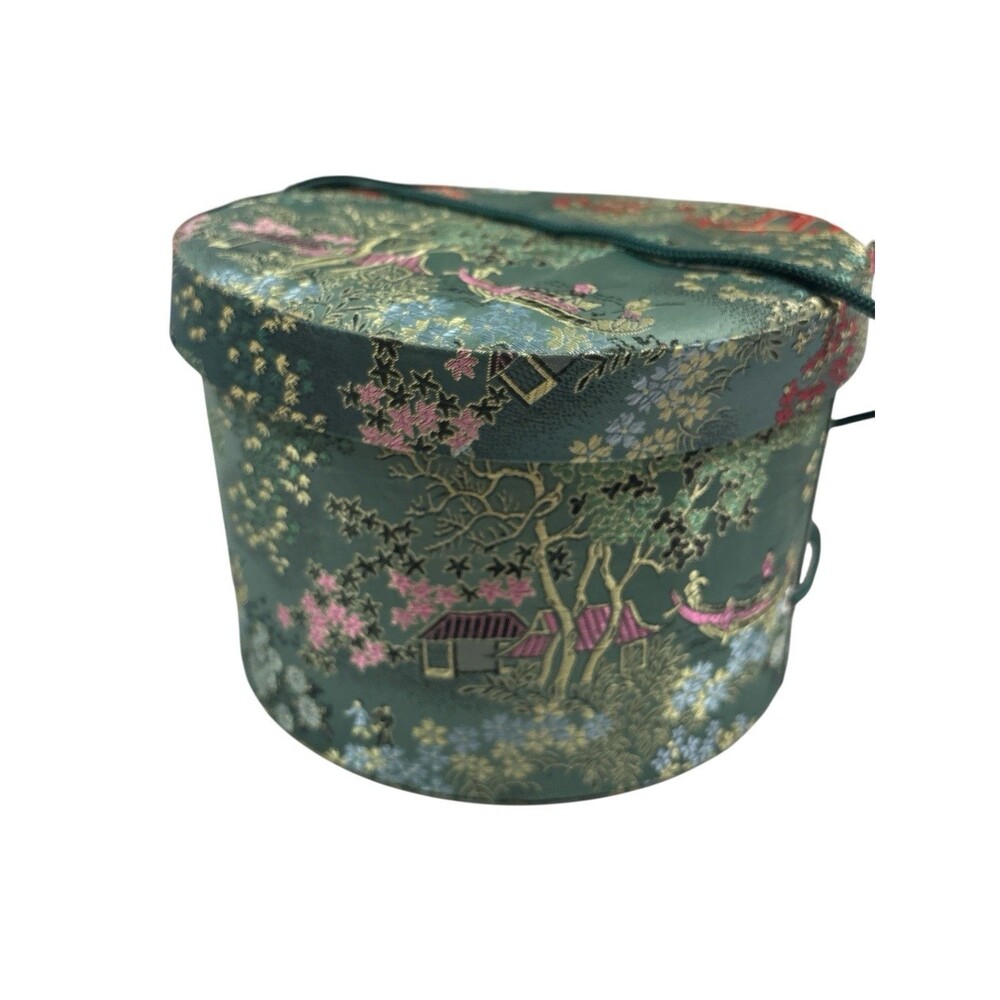 Vintage Chinese Tea Tree Design Hat Box Green Silk Brocade Fabric W/Lid